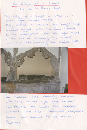 Effigy of a knight possibly de la Roche family in St Jeromes Church Llangwm Pembrokeshire with accompanying text